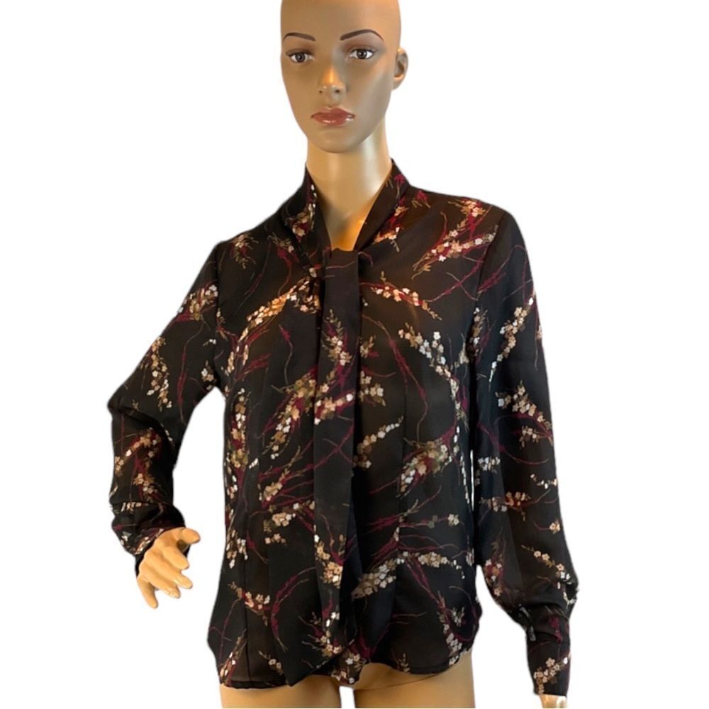 Croft & Barrow Women’s Black Long Sleeve Floral   Printed  Sheer Blouse Size S